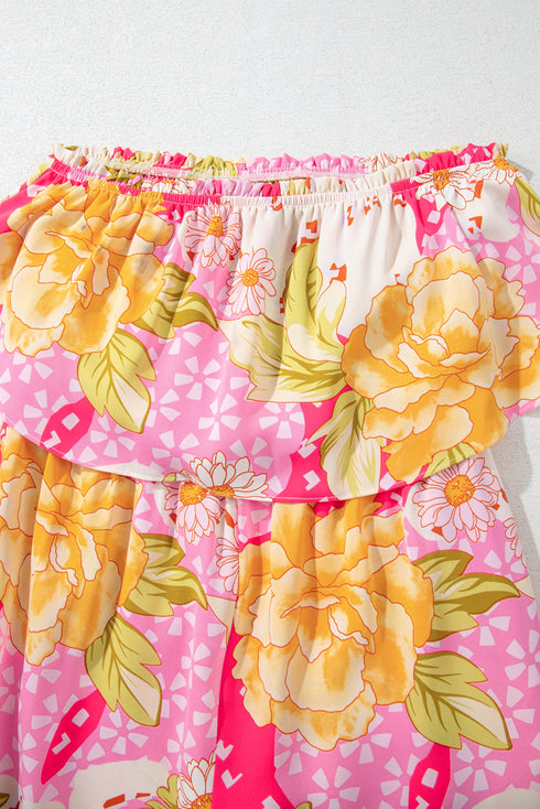 Multicolour Floral Print Ruffled High Waist Tube Top Loose Jumpsuit